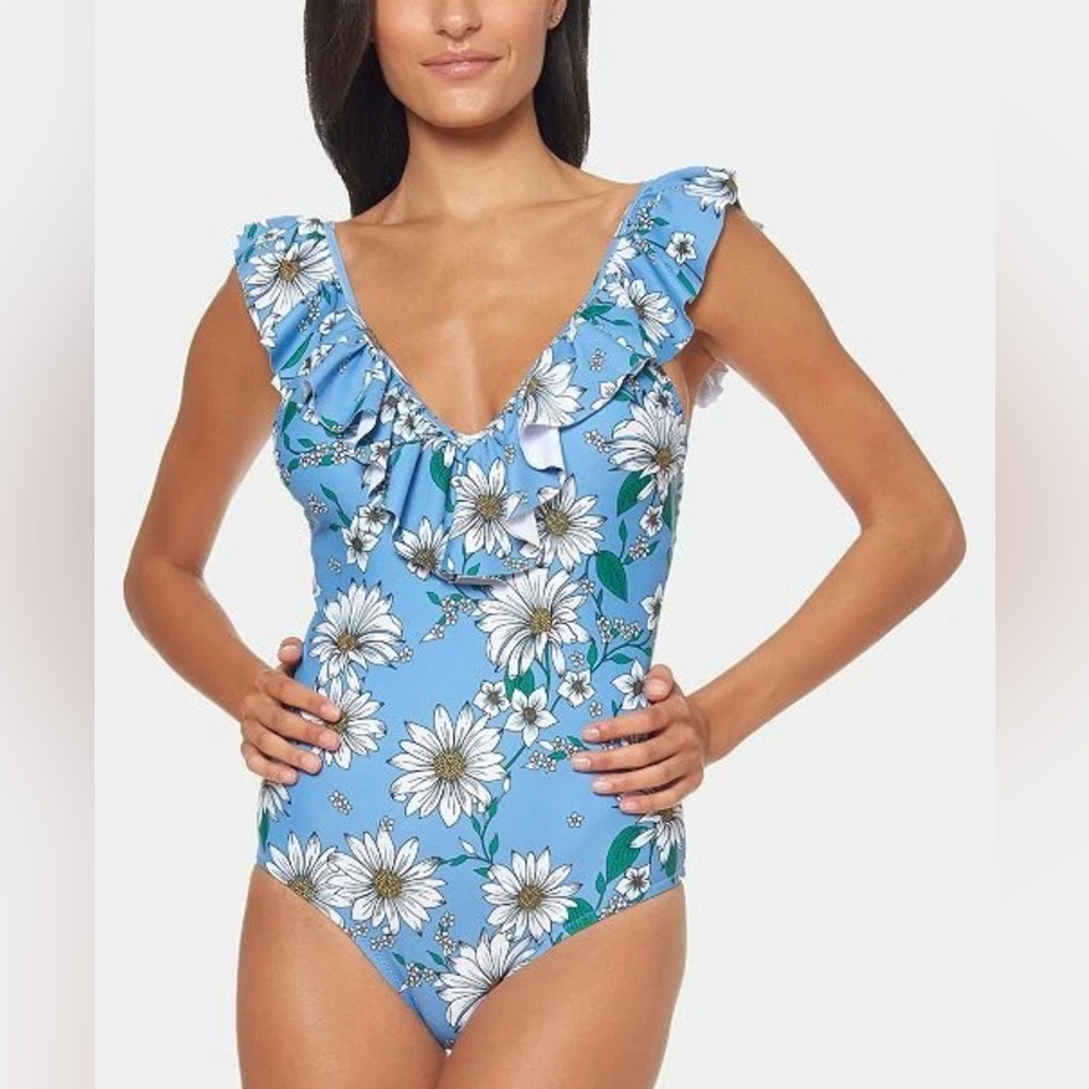 Like New Blue Jessica Simpson M Pacific Multi Ruffle One Piece Swim Suit